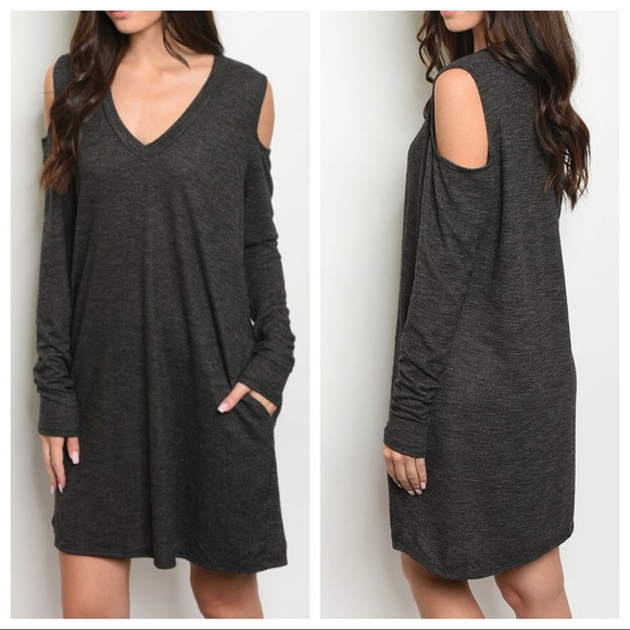 ShopEvelynne Dresses & Skirts - CHARCOAL TWEED V NECK COLD SHOULDER TUNIC DRESS